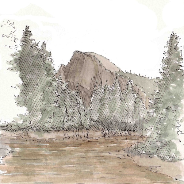 HALF DOME, YOSEMITE National Park - River Reflection, Hiking, Valley, Landscape, Drawing, Watercolor Painting, Sketchbook, Art, Drawn There