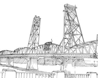 HAWTHORNE BRIDGE, Portland, Oregon - Pen and Ink, Drawing, Sketchbook. Art Print, Engineering, Drawbridge, River, Engineering, Drawn There