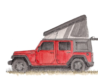 JEEP CAMPER - Pop Top, Off Road, Vanlife, Camping, Ursa Minor, Ink, Drawing, Watercolor, Painting, Sketchbook, Art, Drawn There