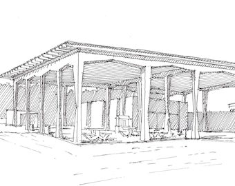 SIESTA KEY FLORIDA Beach Pavilion - Mid Century Architecture, Modernism, Drawing, Pen and Ink, Sketchbook, Art, Drawn There