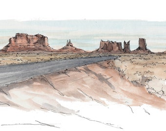 MONUMENT VALLEY UTAH - Southwest, Landscape, Buttes, Red Sandstone, Ink and Watercolor, Drawing, Painting, Sketchbook, Drawn There