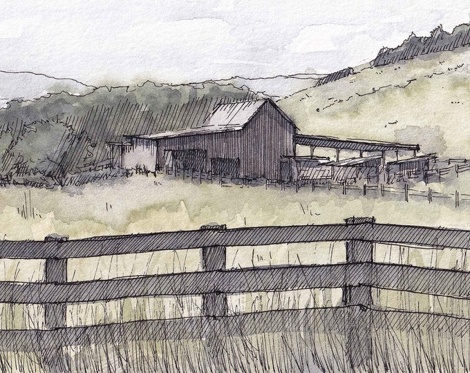 VIRGINIA FARM & FENCE - Pasture, Barn, Meadow, Rural, Fields, Nature, Landscape Watercolor Painting, Drawing, Sketchbook Art, Drawn There