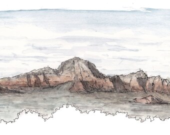 SEDONA THUNDER MT - Ink and Watercolor, Art Print, Drawing, Mountain, Landscape, Vortex, View Point, Arizona, Red Rocks, Sandstone