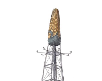 CORN WATER TOWER - Rochester, Minnesota, Quirky, Farming, Agriculture, Drawing, Ink and Watercolor Plein Air Painting, Art, Drawn There