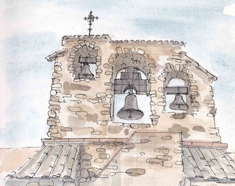 SAN MIGUEL MISSION - Bells, Bell Tower, Church, California, El Camino Real, Drawing, Watercolor Painting, Sketchbook, Art, Drawn There