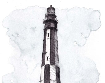 CAPE HENRY LIGHTHOUSE, Virginia Beach - Nautical, Architecture, Plein Air Ink & Watercolor Painting, Drawing, Sketchbook Art, Drawn There