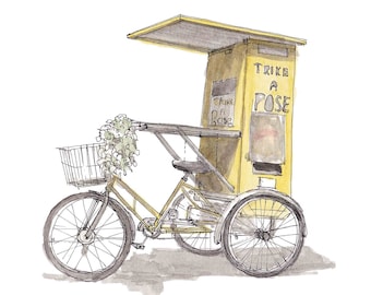 TRIKE A POSE - Yellow Photobooth, Bike, Bicycle, Yellow, Wedding Ideas, Drawing, Pen and Ink, Painting, Watercolor, Sketchbook, Drawn There