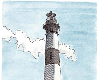NAGS HEAD LIGHTHOUSE - Bodie Island, North Carolina, Outer Banks, Ocean, Coastline, Ink, Watercolor, Painting, Sketchbook, Art, Drawn There