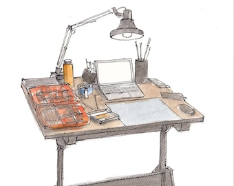 DRAWING TABLE -  Ink and Watercolor, Art Prints, Drawing, Architecture, Painting, Artist, Create, Creativity, Drafting Table, Drawn There