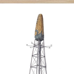 May include: A black and white illustration of a water tower shaped like an ear of corn. The tower is tall and slender, with a metal frame and a large, round corncob on top. The corncob is yellow and brown, with a green husk. The tower is surrounded by a few small buildings.