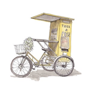 TRIKE A POSE - Yellow Photobooth, Bike, Bicycle, Yellow, Wedding Ideas, Drawing, Pen and Ink, Painting, Watercolor, Sketchbook, Drawn There