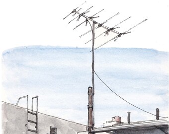 TV ANTENNA ROOFTOP - Architecture, Fire Escape, Roofscape, Pen and Ink, Art, Watercolor, Painting, Drawing, Sketchbook, Drawn There