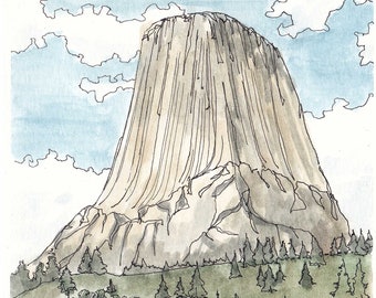 DEVILS TOWER COLOR, Wyoming, National Monument, Rock Climbing, Drawing, Pen and Ink, Watercolor, Painting, Sketchbook, Art, Drawn There