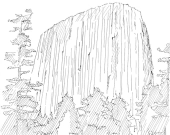 DEVILS TOWER B&W - Wyoming, National Monument, Rock Climbing, Drawing, Pen and Ink, Sketchbook, Art, Drawn There
