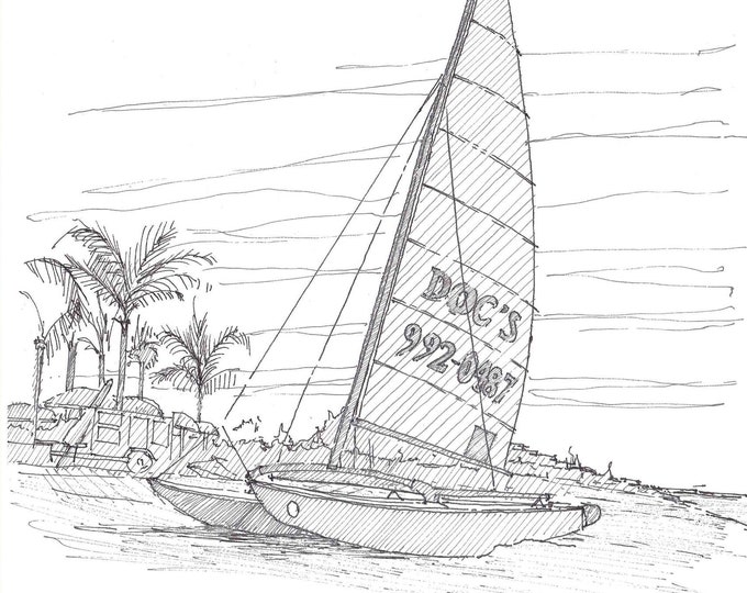 CATAMARAN SAILBOAT on beach in Florida - Pen and Ink, Drawing, Art, Sketchbook, Sailing, Beach, Ocean, Drawn There