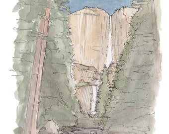 YOSEMITE FALLS - National Park, Waterfall, Nature, California, Yosemite Valley, Drawing, Painting, Watercolor, Sketchbook, Art, Drawn There