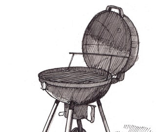WEBER CHARCOAL GRILL - Grilling, Summer, Cookout, Bar-B-Que, bbq, Cooking, Pen and Ink, Drawing, Painting, Sketchbook, Drawn There