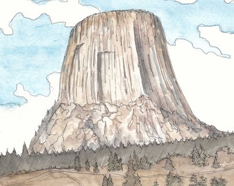 DEVILS TOWER WINDOW, Wyoming, National Monument, Rock Climbing, Drawing, Pen and Ink, Watercolor, Painting, Sketchbook, Art, Drawn There