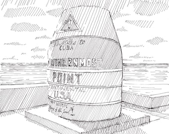 SOUTHERNMOST POINT BUOY - Key West, Florida, Cuba, Tourist Attraction, Drawing, Pen and Ink, Sketchbook, Drawn There