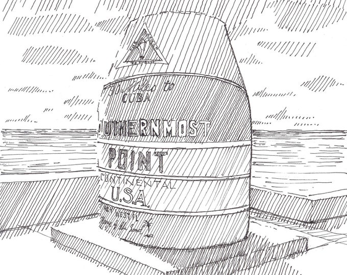 SOUTHERNMOST POINT BUOY - Key West, Florida, Cuba, Tourist Attraction, Drawing, Pen and Ink, Sketchbook, Drawn There