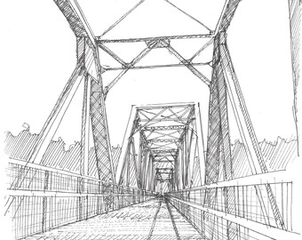STEEL BRIDGE over Broad River on Palmetto Trail, Columbia, South Carolina - Pen and Ink, Drawing, Art, Engineering, Sketchbook, Drawn There