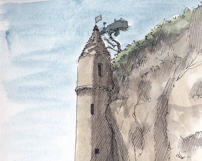 PIRATE TOWER - Laguna Beach, California, Ink and Watercolor, Drawing, Painting, Sketchbook, Art Print, Ocean, Architecture, Drawn There