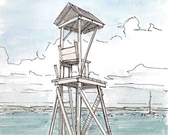 SMALL LIFEGUARD STAND - Beach, Ocean, Water, Swim, Watercolor, Painting, Pen and Ink, Drawing, Sketchbook, Art, Drawn There