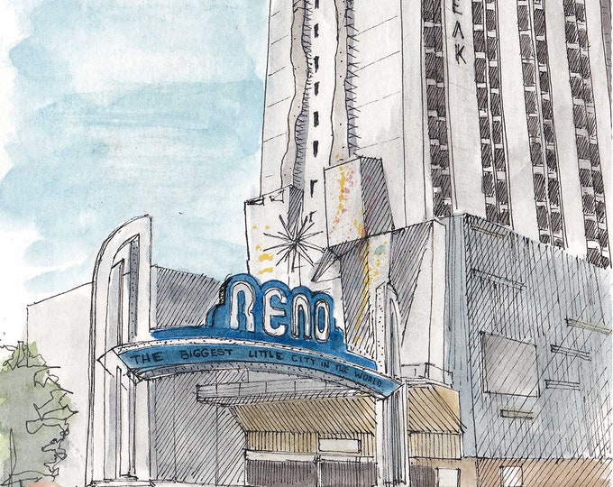 RENO SIGN - Whitney Peak Hotel, Climbing Wall, Architecture, Arch, Ink Drawing, Watercolor Painting, Sketchbook, Art, Drawn There
