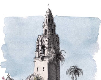 CALIFORNIA TOWER 2021 - Balboa Park, Museum of Man, San Diego, Architecture, Art, Watercolor, Painting, Drawing, Sketchbook, Drawn There