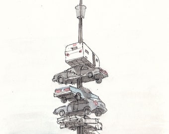BLACK ROCK CITY - Stacked Cars, Sculpture, Climb, Vehicles, Ink and Watercolor, Painting, Sketchbook, Art, Print, Drawing, Drawn There