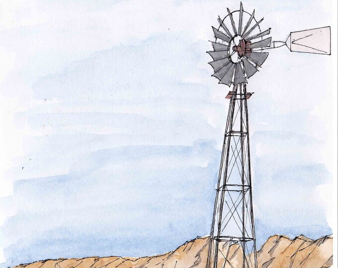 WINDMILL at ORGAN MOUNTAINS, New Mexico - Ranch, Cattle, Water well, Mountains, Drawing, Watercolor Painting, Sketchbook, Art, Drawn There