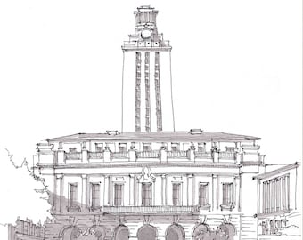 UNIVERSITY of TEXAS TOWER - Austin, Campus, College, Classical Architecture, Square, Pen and Ink, Sketchbook, Art, Drawn There