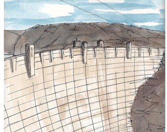 HOOVER DAM - Nevada, Las Vegas, Colorado River, Lake Mead, Drawing, Pen and Ink, Watercolor, Painting, Art, Sketchbook, Drawn There