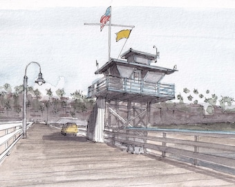 SAN CLEMENTE PIER - Orange County, California, Life Guard, Ocean, Beach, Drawing, Watercolor Painting, Sketchbook, Art, Print, Drawn There