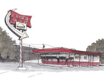 FRISKO FREEZE Burger Stand in Tacoma, Washington -  Retro, Fast Food, Drive Thru, Pen and Ink,  Drawing, Watercolor, Painting, Drawn There