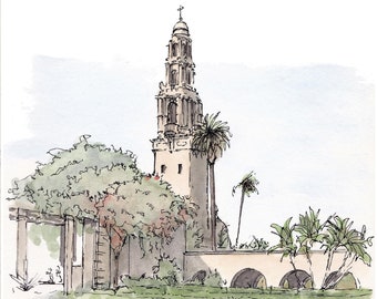 CALIFORNIA TOWER - Balboa Park, Museum of Man, San Diego, Architecture, Art, Watercolor, Painting, Drawing, Sketchbook, Drawn There
