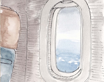 AIRPLANE WINDOW - Travel, Commercial Airline, Clouds, Blue Sky, Drawing, Watercolor Painting, Sketchbook, Art, Drawn There