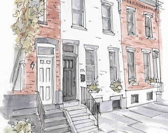 PHILADELPHIA ROW HOMES - Rowhouse, Brick Architecture, Classic, Neighborhood, City Living, Drawing, Painting, Watercolor, Drawn There