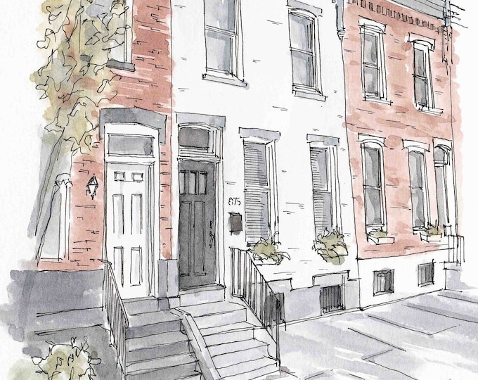 PHILADELPHIA ROW HOMES - Rowhouse, Brick Architecture, Classic, Neighborhood, City Living, Drawing, Painting, Watercolor, Drawn There