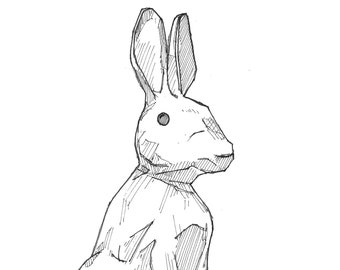 RABBIT SITTING - Bunny, Sculpture, Easter, Easter Eggs, Spring, Ears, Pen and Ink Sketchbook Drawing, Art Print, Drawn There