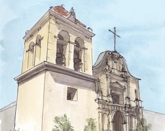 SAN CARLOS BORROMEO Mission in Monterey, California - Church, Pen and Ink, Drawing, Watercolor, Painting, Sketchbook, Art, Drawn There