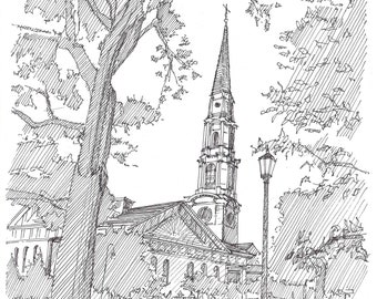CHURCH in SAVANNAH GEORGIA - Chippewa Square, Forest Gump, Steeple, Trees, Drawing, Pen and Ink, Architecture, Sketchbook, Art, Drawn There