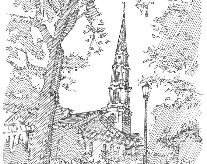 CHURCH in SAVANNAH GEORGIA - Chippewa Square, Forest Gump, Steeple, Trees, Drawing, Pen and Ink, Architecture, Sketchbook, Art, Drawn There