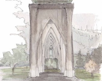 CATHEDRAL PARK - St. John Bridge, Portland, Oregon, Ink and Watercolor, Drawing, Painting, Sketchbook, Art Print, Architecture, Drawn There