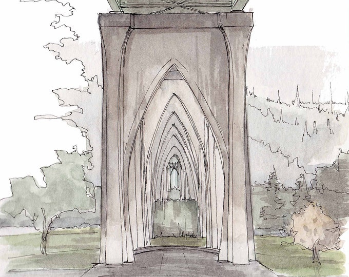 CATHEDRAL PARK - St. John Bridge, Portland, Oregon, Ink and Watercolor, Drawing, Painting, Sketchbook, Art Print, Architecture, Drawn There