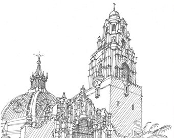 CALIFORNIA TOWER - Balboa Park, San Diego, California, Drawing, Pen and Ink, Sketchbook, Art, Architecture, Drawn There