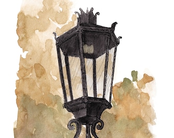 WELLSBORO GAS STREETLAMP - Light, Wrought Iron, Drawing, Ink and Watercolor Painting, Sketchbook, Plein Air, Urbansketcher, Art, Drawn There