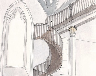 MIRACULOUS STAIRCASE in Loretto Chapel, Santa Fe, New Mexico -  Architecture, Watercolor, Painting, Sketchbook, Art, Drawn There