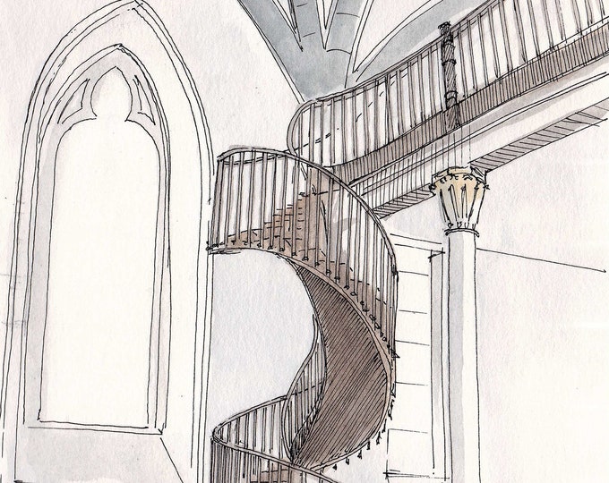 MIRACULOUS STAIRCASE in Loretto Chapel, Santa Fe, New Mexico -  Architecture, Watercolor, Painting, Sketchbook, Art, Drawn There