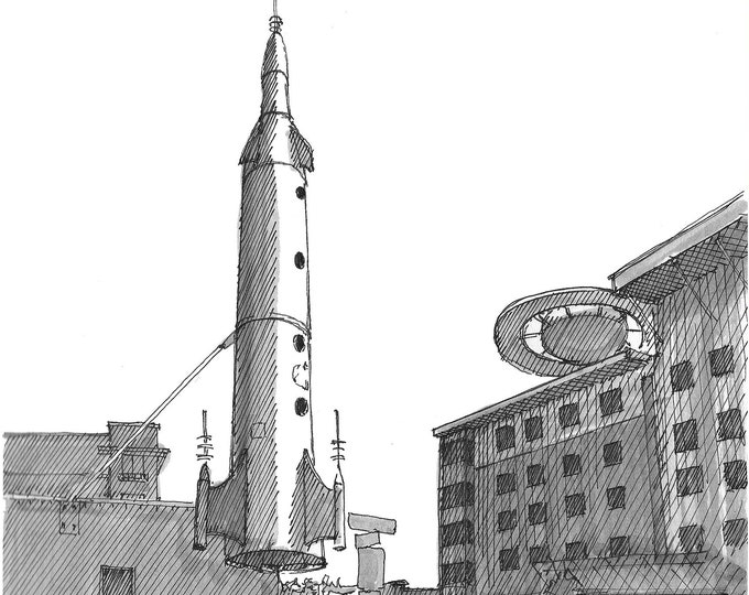 FREMONT ROCKET in Seattle, Washington - Sculpture, Quirky, Center of the Universe, Space, Drawing, Pen and Ink, Sketchbook, Art, Drawn There